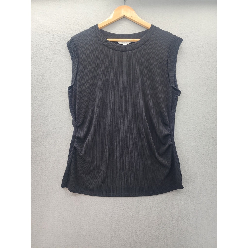 Nine West Black Micro Pleated Ruched Sleeveless Top XL Crew Neck Professional